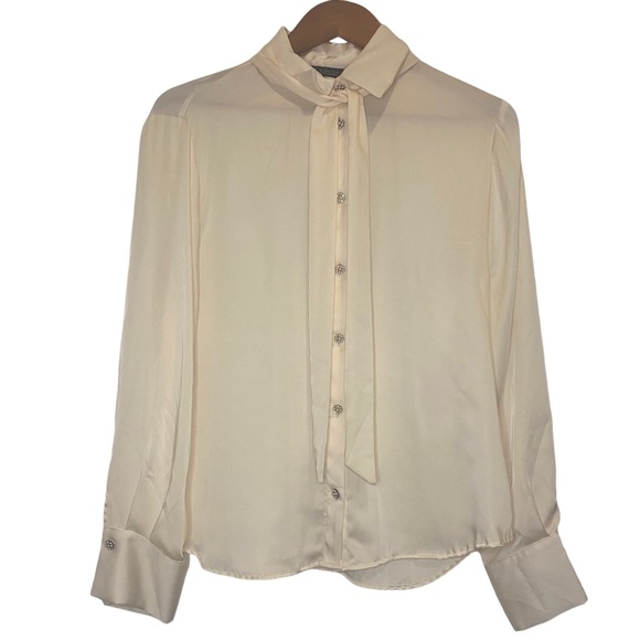 NWT Zara Silk Like Cream Button Up Blouse Women’s Large Jeweled Pearl Buttons - Picture 2 of 9